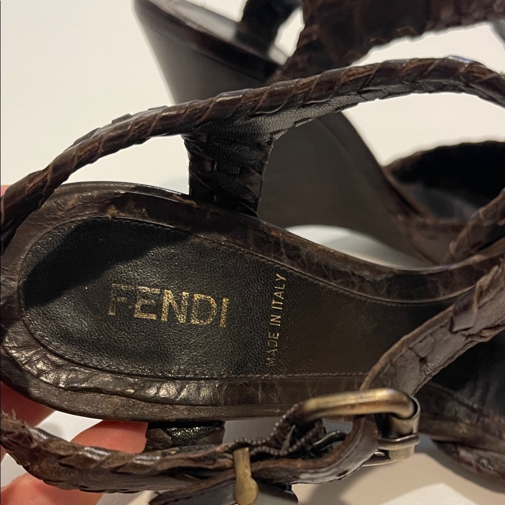 Fendi Zeppa Capra Pergamena Dark Brown Braided Wedge Sandals - Picture 6 of 9